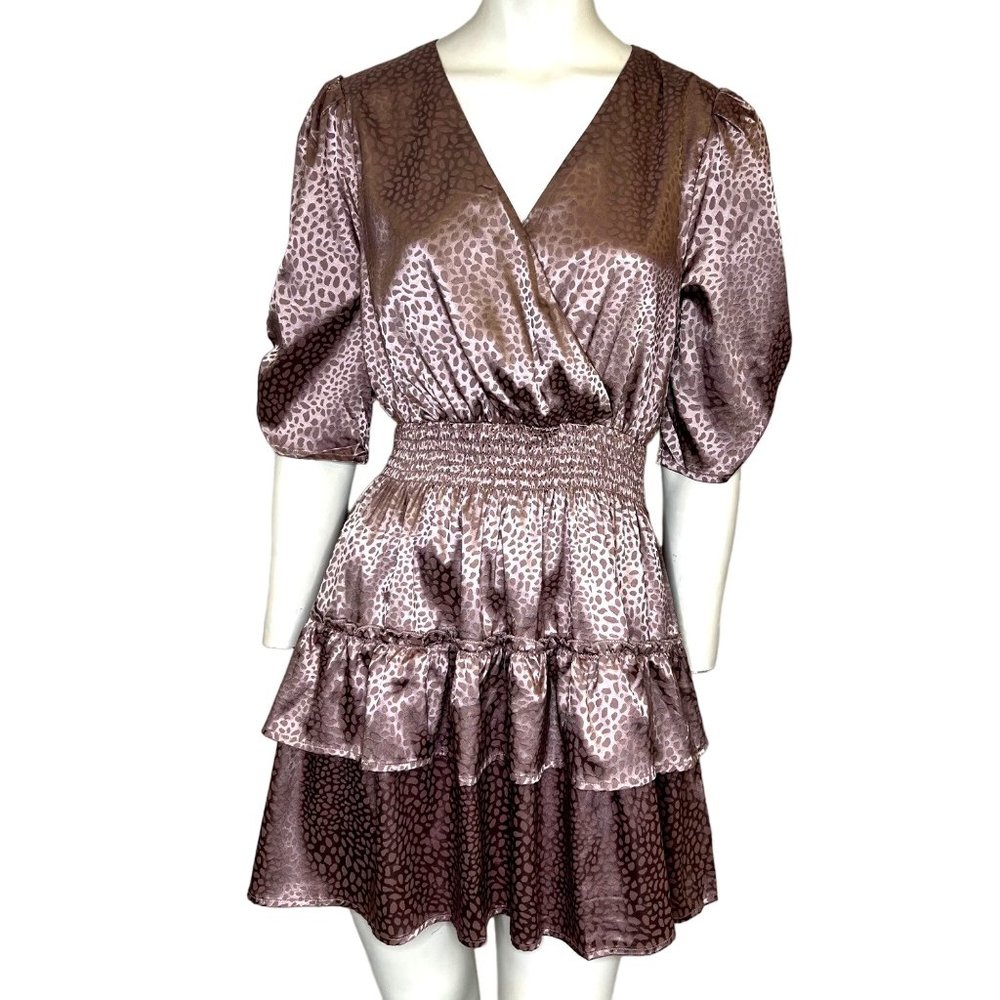 Peach Love California Satin Puff Sleeve Tiered Mini Dress Mauve Size Large NWT